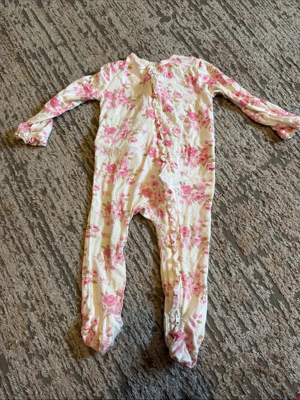 Little Me Cream One-Piece Footed Pajamas with Pink Floral Print 6-9 month
